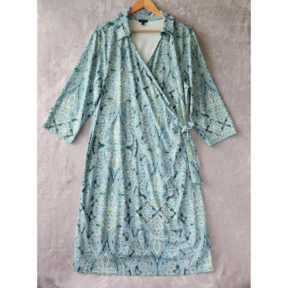 Talbots Dress Womens Size 2X Paisley Print Green Blue Wrap Stretch Jersey Knit